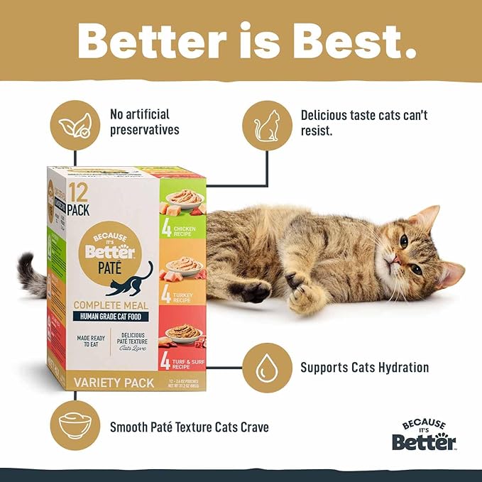 Because It's Better Pate Complete Meal, Variety Pack, Ocean, Turkey and Chicken Flavors 2.6 oz Pouches, Wet Cat Food, 12 Count