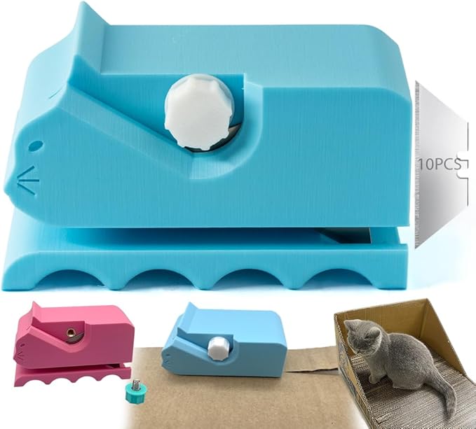 Cardboard Cutter for Cat Scratchers, Cat Scratcher Cardboard Strip Cutter with 10 Spare Blades, 3D Printed DIY Handheld Tool, Gift for Cat Lovers (Light Blue)