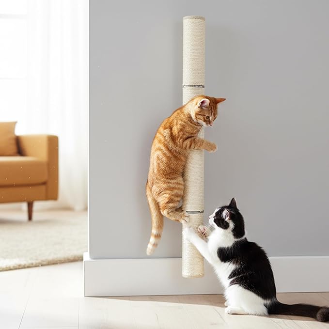 PowerKing 32" Wall Mounted Cat Scratcher,Extra Tall Sisal Cat Scratching Post for Large Indoor Cats, Space-Saving Vertical Wall Cat Climbing Pole with Natural Wood & 360° Rotating Design