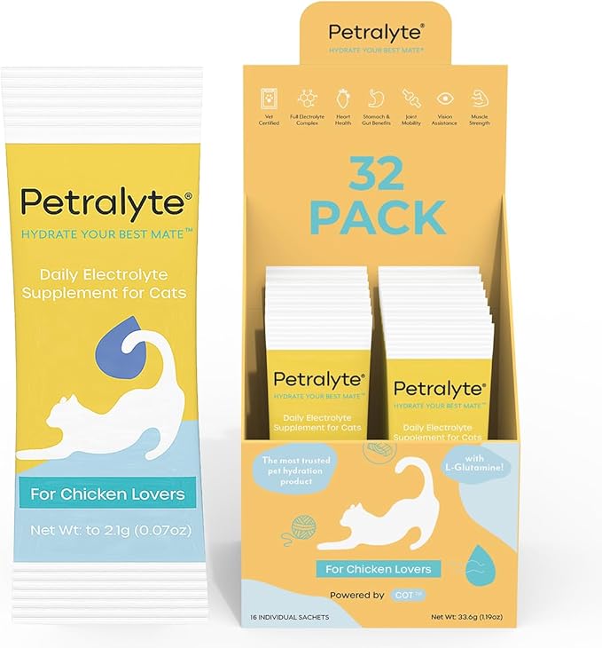 Petralyte Cat Hydration Electrolyte and Cat Joint Supplement | Hydration Support for Cats w/Glucosamine, Chondroitin, L-Glutamine, Taurine, Lysine & Prebiotics | for Chicken Lovers | 32 Packets