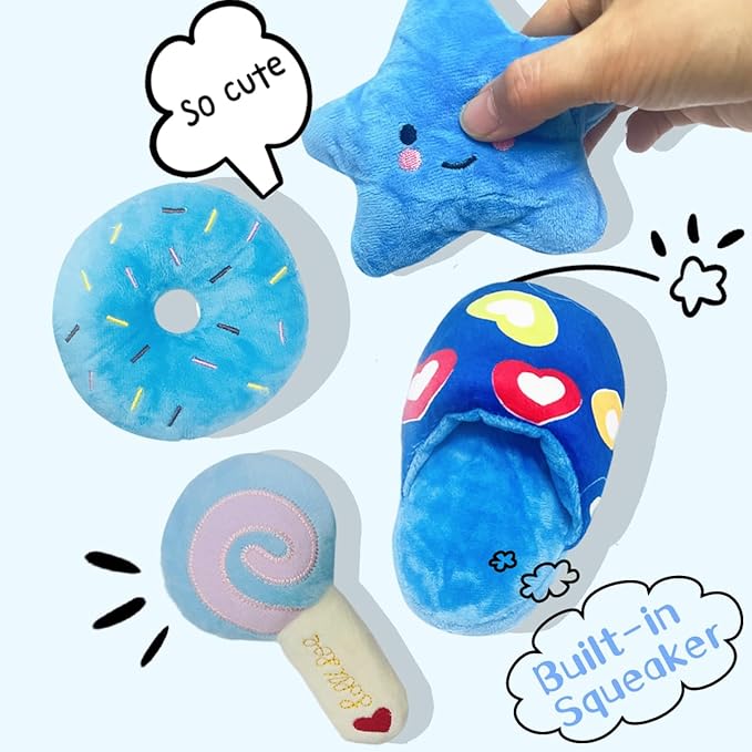 Dog Toys for Small Dogs, 4 Packs Cute Chew Toys for Puppy, Durable Soft Plush Small Dog Toys, Blue Stars Designs, Puppy Teething Toys