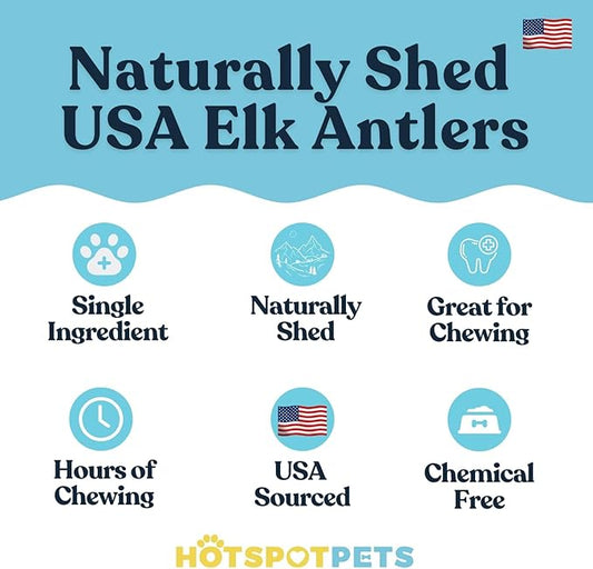 hotspot pets Premium Split Elk Antlers for Dogs - 7+ Inch Large Dog Antler Chews (4 Pack) Made in USA, Naturally Shed Antler Bone for Large Breed Aggressive Chewers - Promotes Dental Hygiene