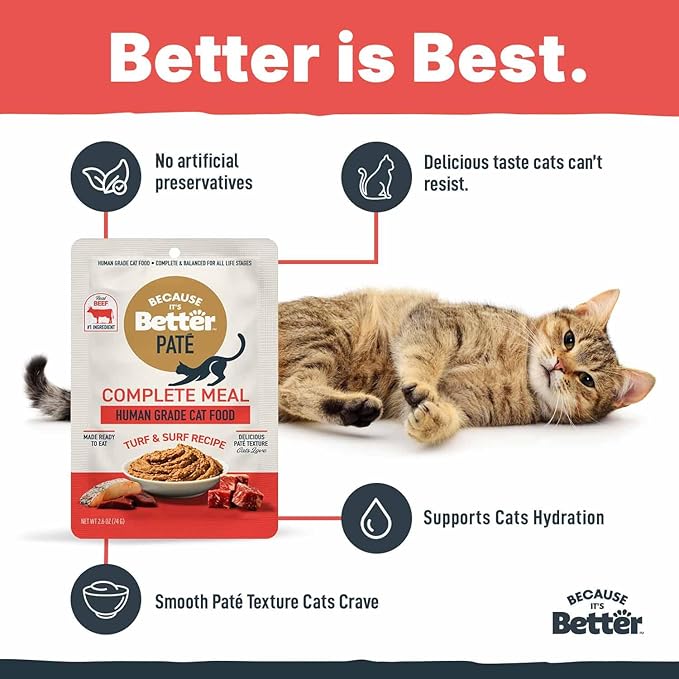 Because It's Better Pate Complete Meal, Turf & Surf Recipe, 2.6 oz Pouches, Wet Cat Food, 12 Count