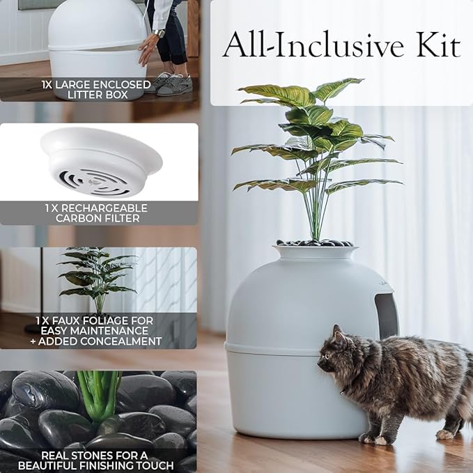 Secret Litter Box by Bundle & Bliss - Hidden Litter Box Enclosure, Patented Design with Odor Control, Includes Faux Plant, Carbon Filter and Real Stones