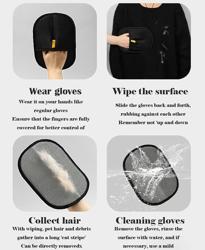 Electrostatic Pet Hair Removal Gloves | Double Sided Grooming & Cleaning Mitt for Cats and Dogs | Reusable Deshedding Glove for Furniture, Couch, Car, Carpet, Clothing | Easy to Clean (3PCS)