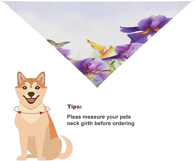 Dog Bandana Spring Pet Scarf Adjustable Triangle Iris Flower Butterfly Printing Dog Bib Washable Polyester Puppy Bandana for Small Medium Large Dogs Cat Birthday Party Supplies