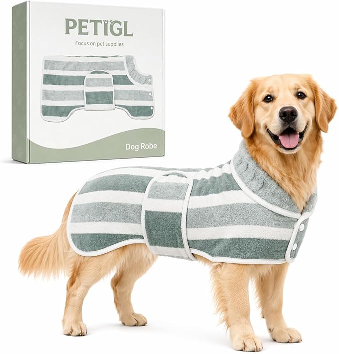 Dog Robe, Towels for Dogs After Bath, Dog Bathrobe for Drying Dogs, Fast Drying Super Absorbent Striped Dog Towel Wrap, Adjustable Warm Pet Bath Supplies (Green, Medium)