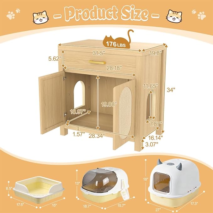 Cat Litter Box Enclosure Furniture, Hidden Litter Box Cabinet Cat House Side Table with Drawer & Sisal Scratch Pads, Wooden Pet Furniture for Living Room, Bedroom,Natural