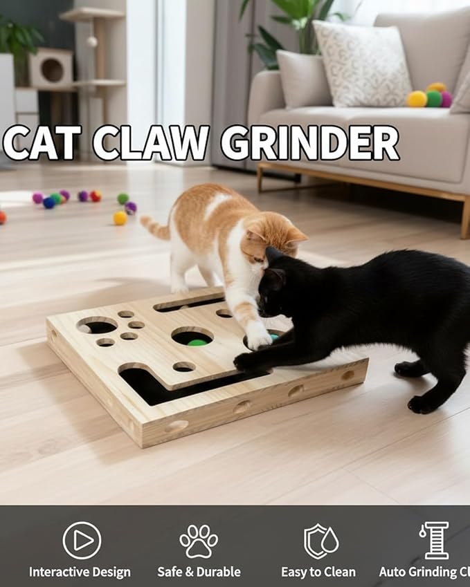 Wooden Cat Claw Care Scratcher with Maze Puzzle & Bell Ball - Enrichment Toy for Calm Grooming Alternative