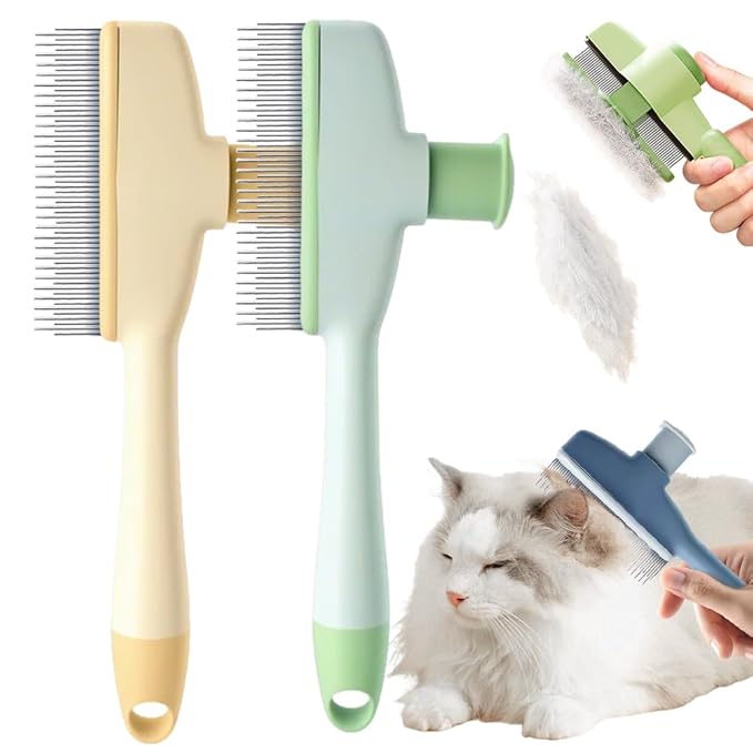 Flea Comb for Cats & Dogs, 2025 New Pet Hair Removal Comb with Release Button, Pet Grooming Brush Cat Dog Combs, Self-Cleaning Cat Brush for Short and Long Hair Cats (2 Pcs)