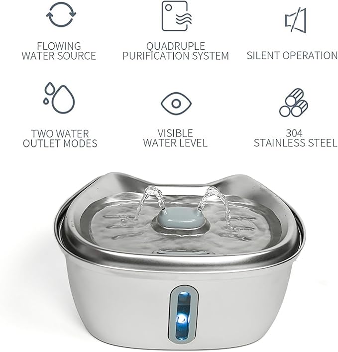 Leo's Paw Stainless Steel Cat Water Fountain 101oz/3L Food-Grade 304 Stainless Steel Automatic Pet Water Dispenser with Water Level Window Multi-Layer Filtration Ultra Quiet & Peaceful Flow
