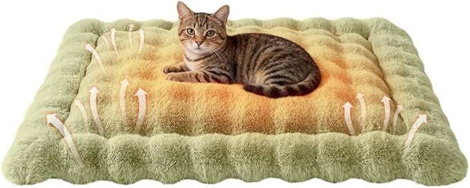 Self-Warming Cat Bed, Plush Faux Fur Pet Bed Mat with Anti-Slip Bottom, Ultra Soft Heated Pad for Cats & Kittens, Cozy Fluffy Bed for Window & Sills Couches, Machine Washable, 23x15 Inch Green