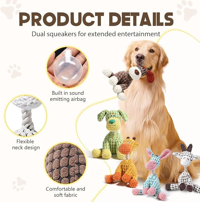 Durable Dog Stuffed Toys for Aggressive Chewers, 2026 New Indestructible Dog Toy, Interactive Squeaky Chew Teething Toys, Squeaky Plush Dog Toys (Brown)