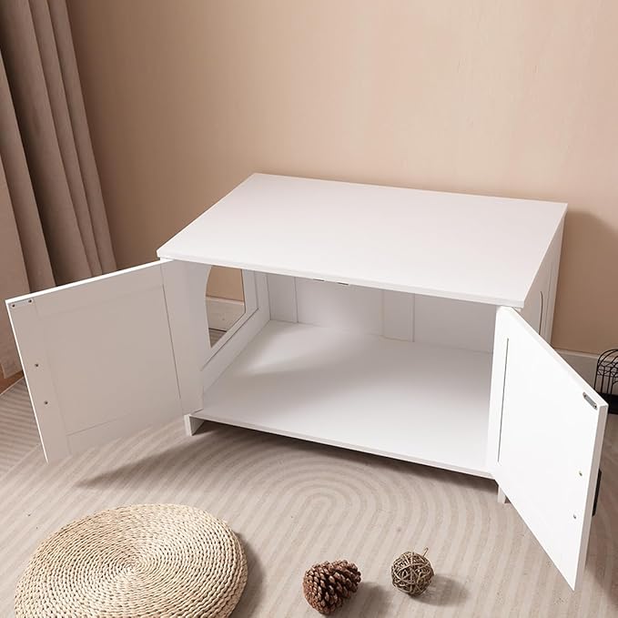 Cat Litter Box Enclosure with Barn Door Wooden Cat Washroom Furniture Litter Box Furniture Hidden End Side Table Pet House Multi Functional Double Cabinet Doors for Bedroom Living White