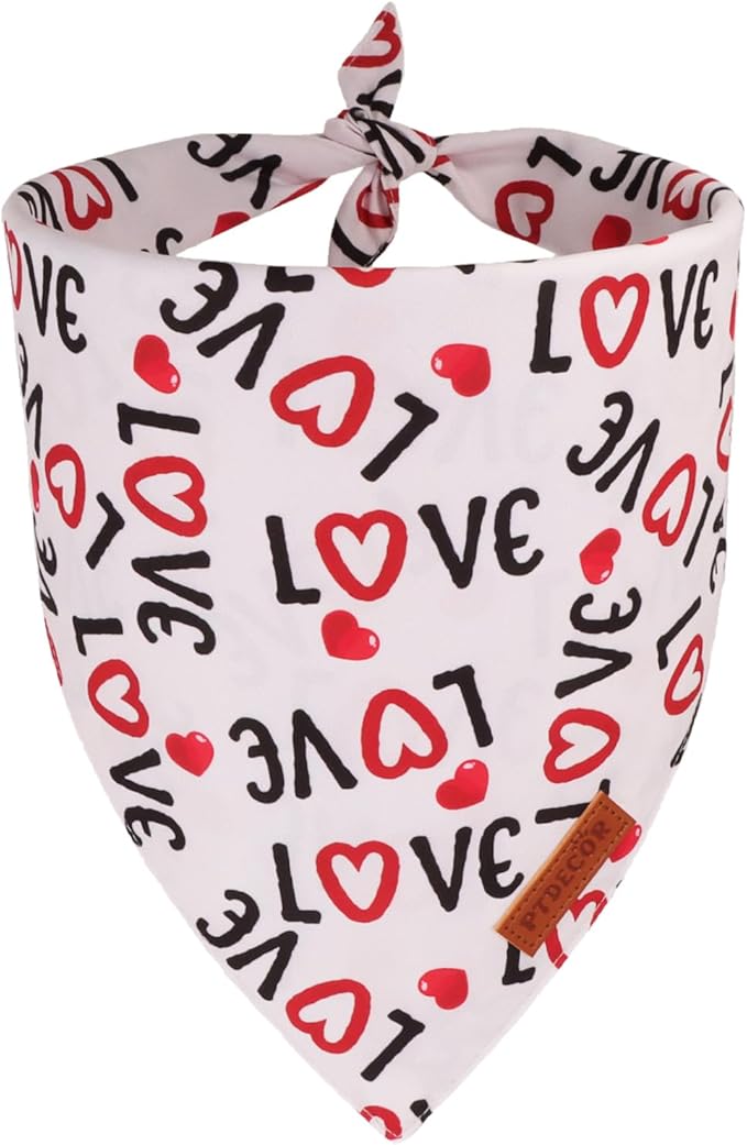 PTDECOR Dog Valentine Bandana, Reversible Love and Heart Print Valentine Pet Scarf, Premium Durable Fabric, White Bandanas for Small Dogs Pets (Small)