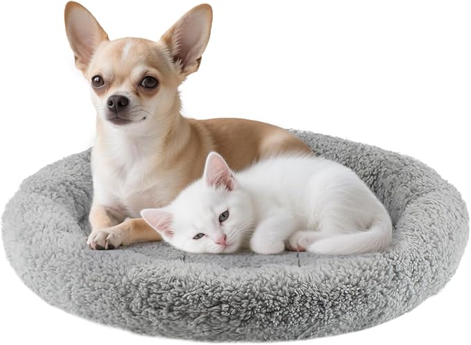 PETLESO Cat Bed Mat 19.5" Round Pad with Pillow Around, Warm Plush Cushion for Small to Medium Dogs Cats Sleep/Nap, Neck Protection Mattress, Non-Slip Washable, Large