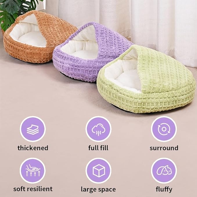 Plush Cat Bed Hooded Semi Enclosed Shell Shaped Pet Nest Cozy Warming Anti-Slip Small Dog Bed for Puppy and Kitten (Coffee, Small)