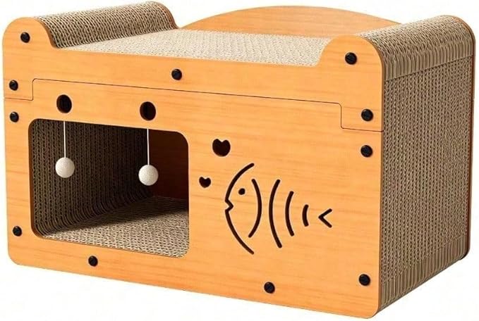 Multi-Function Cat Scratcher House Box,3-in-1 Scratch Pad and Soft Bed & Play Cave with Toys, Durable Build & Ideal for Cats/Kitty (Yellow,FX-SFPPY)