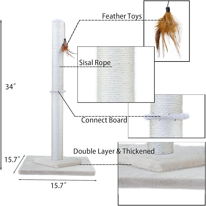 Hutpet 34" Tall Cat Scratching Post Double Base and Reinforcement Design,Sisal Scratch Posts Trees with Feather Toys for Indoor Cats (Beige)