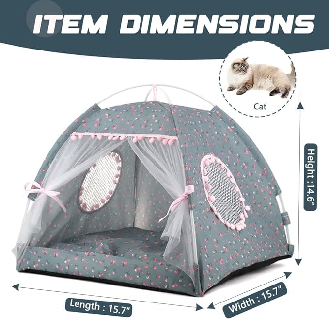 pawstrip Dog Tent Indoor Cat House Pink Puppy Bed Portable Pet Teepe Princess Dog Camping Tent Outdoor Kitten Houses Cute Bunny Nest Girl Kitty Cave (M, Gray)