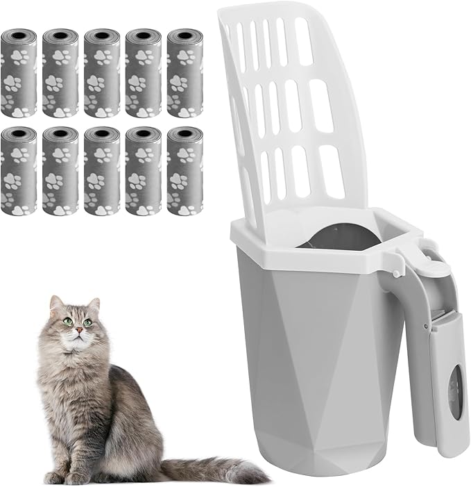 Cat Litter Scooper with Holder Kitty Litter Scoop with Waste Can and 150 Refill Bags, Large Portable Cat Litter Shovel Easy to Clean Suitable for Kittens (Grey)