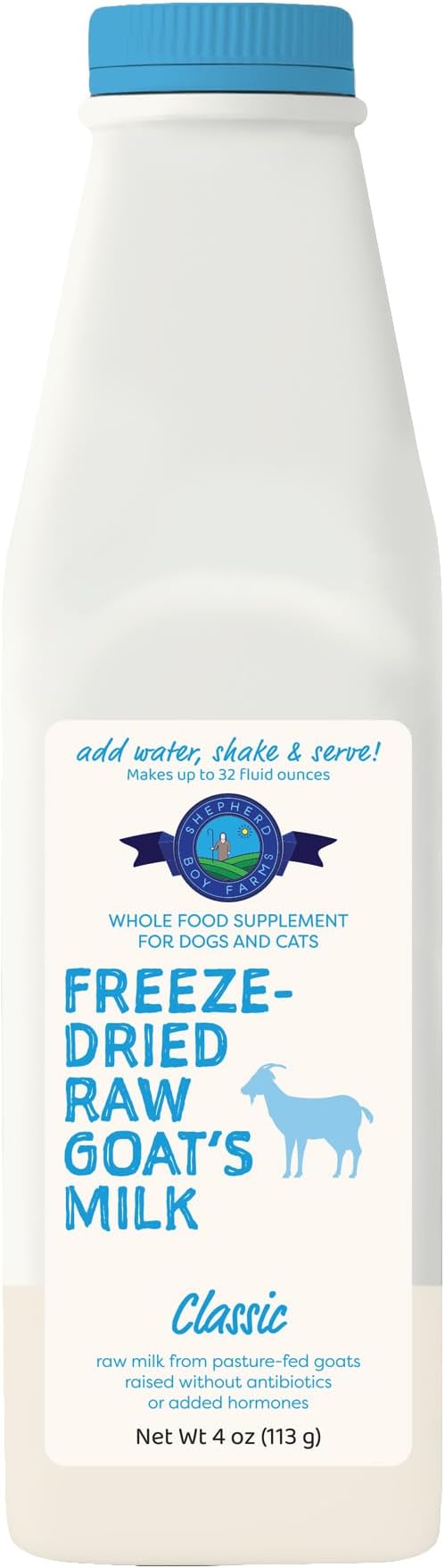 Shepherd Boy Farms Freeze Dried Raw Goats Milk with Probiotics for Dogs & Cats (Classic), High Protein Digestible Goat Milk for Sensitive Stomachs, Food Topper, Dog Camping Essentials - Makes 32 FL OZ