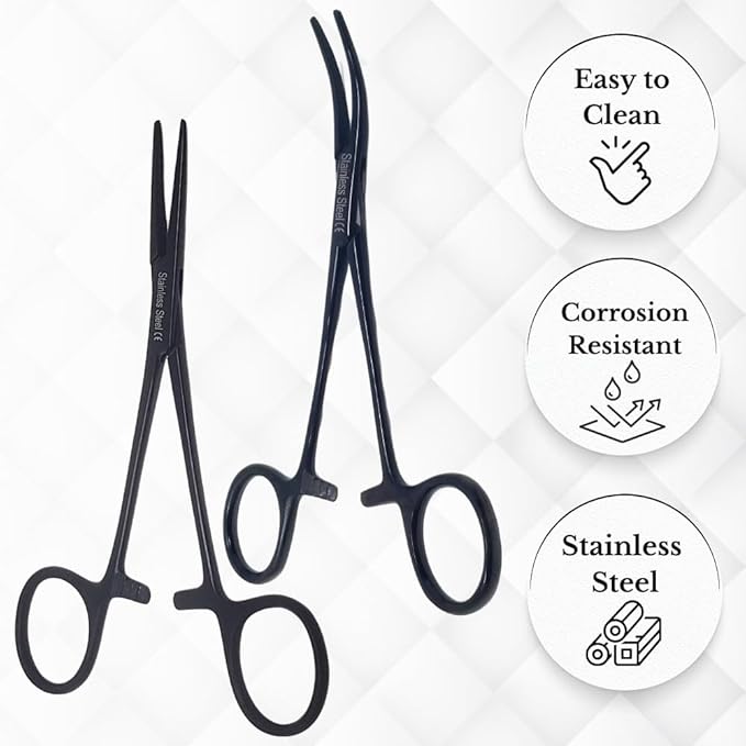 HTI Set of 2 Pcs Dog Cat Pet Hair Puller Remover Stainless Steel Hemostat Locking Forceps 5.5" Straight and Curved Full Serrated (Black)