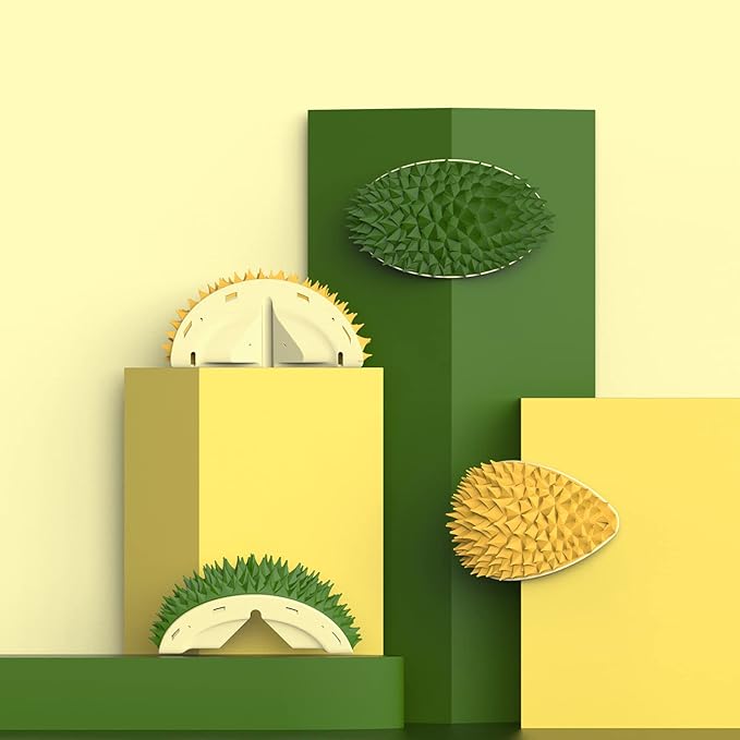 BestAlice 2 Pack Cat Self Groomer, Cute Durian Shape Wall Mounted Dog Cat Corner Scratcher, Wall Corner Groomers Brush Cat Massage Comb, Self-adhesive Cat Scratcher Pet Grooming Supply (Green+Yellow)