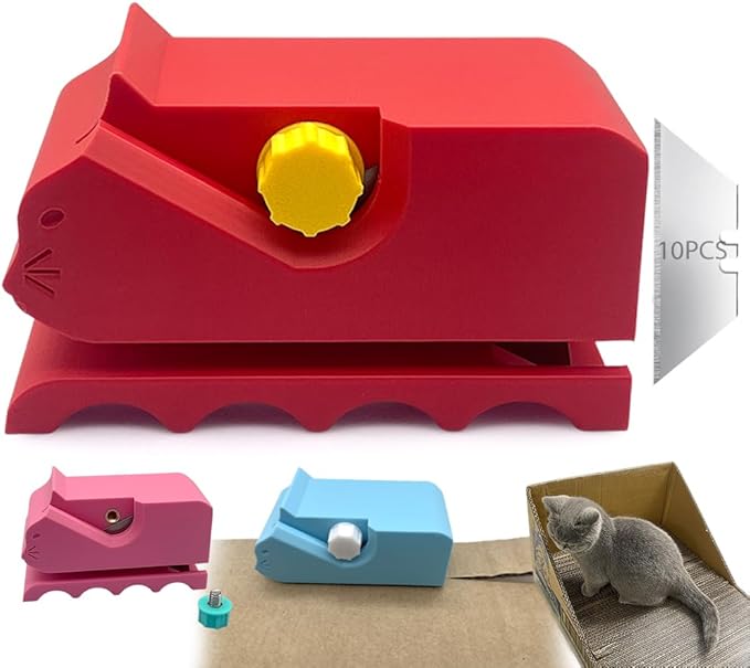 Cardboard Cutter for Cat Scratchers, Cat Scratcher Cardboard Strip Cutter with 10 Spare Blades, 3D Printed DIY Handheld Tool, Gift for Cat Lovers (Red)