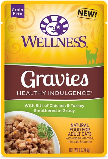Wellness Healthy Indulgence Natural Grain Free Wet Cat Food, 3-Ounce Pouch (3) Shred Chicken & Turkey, (3) Shred Skipjack Tuna & Shrimp, (3) Gravie Chicken & Turkey, (3) Gravie Tuna & Mackerel (12 PK)