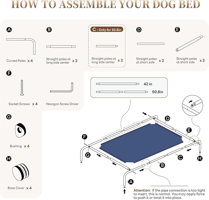 Elevated Dog Bed for Large Dogs, Washable Raised Cot with Skid-Resistant Feet, Waterproof Cooling Dog Beds with Oxford Cloth, Indoor/Outdoor Use, Blue 50in