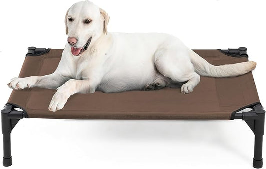 Elevated Dog Bed for Large Dogs, Raised Dog Cot Fits Up to 120 LBs, Heavy Duty Pet Cots with Durable Supportive Teslin Recyclable Washable Mesh, Indoor & Outdoor Pet Bed, Brown
