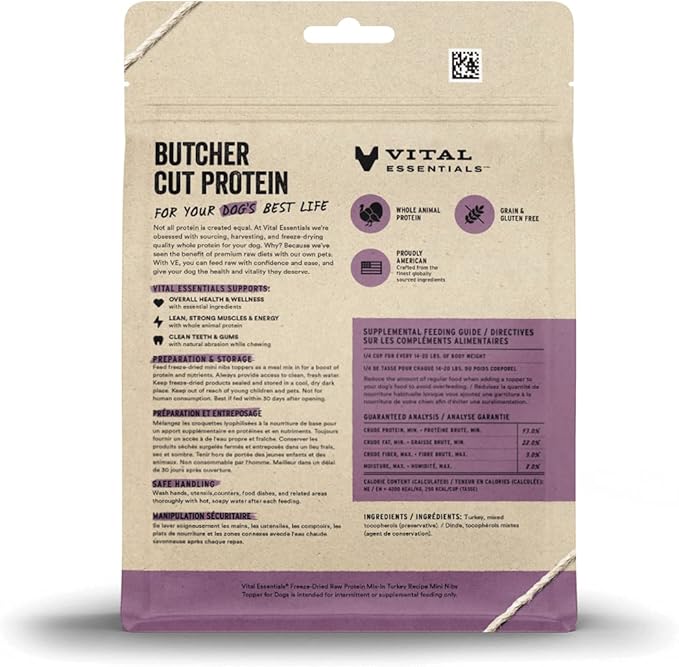 Vital Essentials Freeze Dried Raw Dog Food Topper, Turkey Mini Nibs Topper for Dogs | High Protein, Low Carb, Grain Free, Dry Dog Food Topper | 6 oz