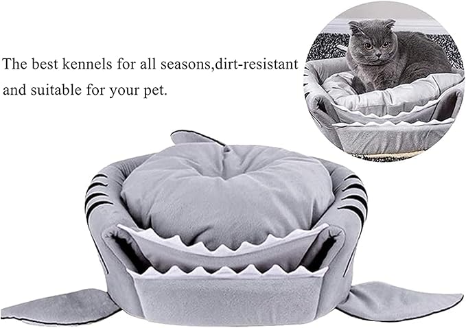 Cat Litter Hot Cat Mat Shark-Shaped House Warm Kennel Kitten Bed One Mat Two Usage Shark Bed for Small Cats Dog Cave Cozy Bed Removable （Light Grey）