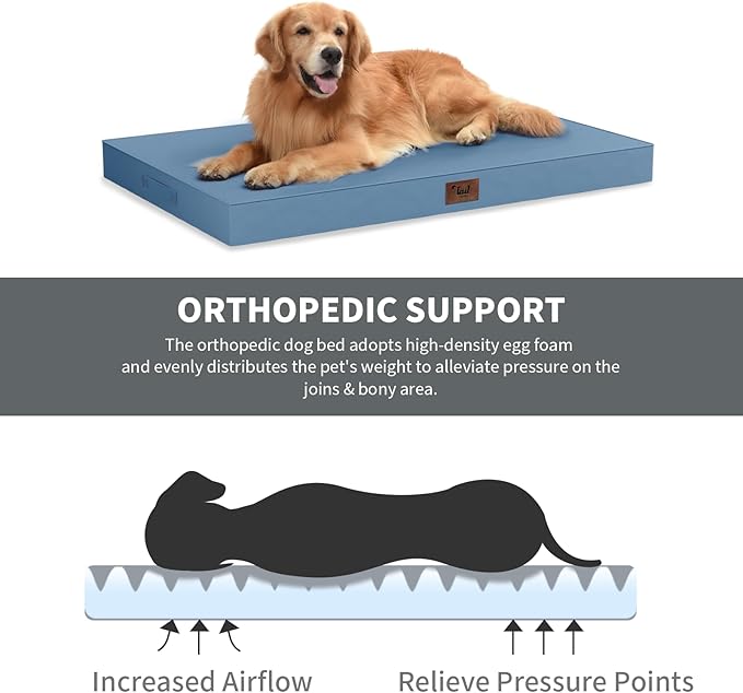 Outdoor Large Washable Dog Bed, Orthopedic Egg Crate Foam Dog Crate Mat for Large Dogs with Removable Oxford Cooling Cover, Blue