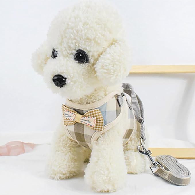 Luxshiny Pet Vest Harness and Leash Soft Mesh Blue White Gray Plaid M Size for Small Dogs and Cats Puppy Walking Adjustable Breathable Pet Supply