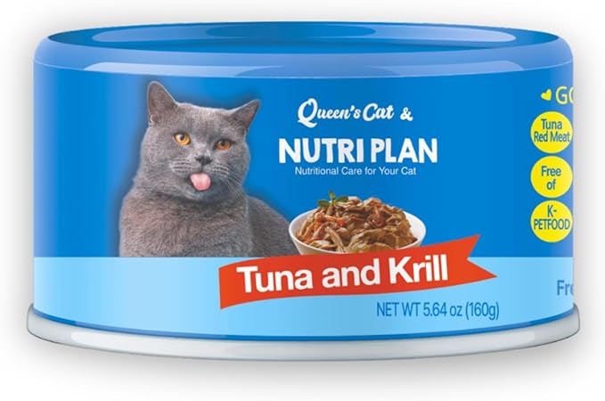 Queen's Cat & NUTRI PLAN Wet Cat Food Gourmet Tuna & Krill Shrimp Meat Recipe 5.64 oz Cans, High Protein Taurine Rich, No Added Preservatives or Seasonings, Complete Balanced Nutrition, Pack of 24