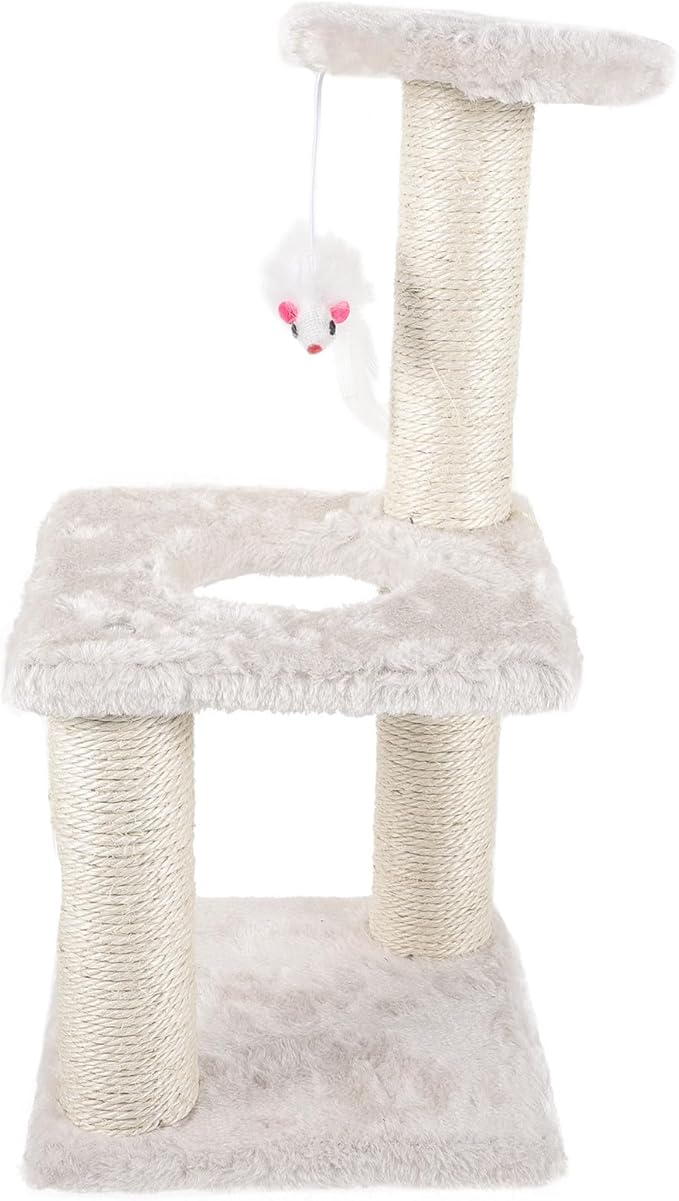 Beige Sisal Cat Scratching Post Tower 3-Layer Multi-Level Cat Tree with Mouse Indoor Kitten Accessory