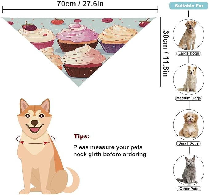 Dog Bandana Spring Pet Scarf Adjustable Triangle Delicious Cupcakes Printing Dog Bib Washable Polyester Puppy Bandana for Small Medium Large Dogs Cat Birthday Party Supplies