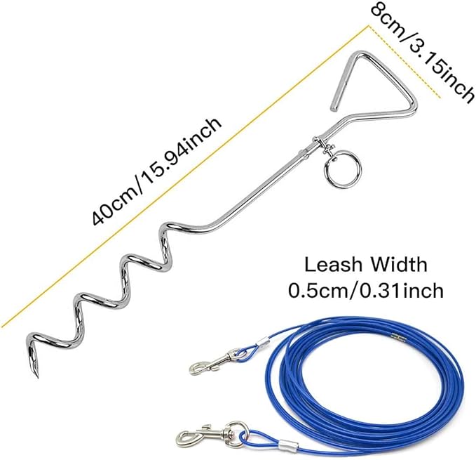 CLKHOWL Dog Stake Tie Out Cable - 16/30" Anti Rust Reflective Stake for Medium Large Dogs Up to 125 lbs, Dog Cable Runner and Metal Hooks for Yard, Camping, or Outdoors (Blue, 30FT)