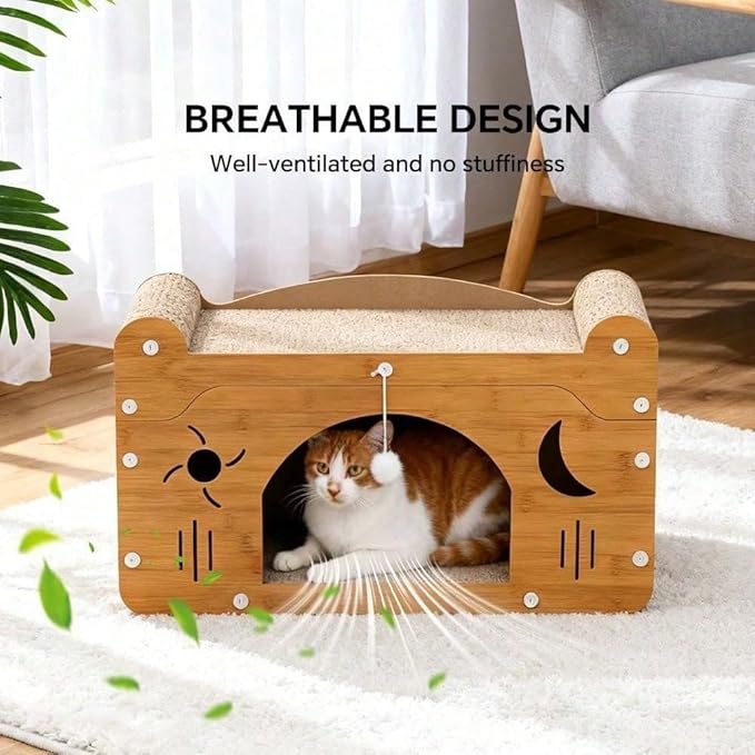 Multi-Function Cat Scratcher House Box,3-in-1 Scratch Pad and Soft Bed & Play Cave with Toys, Durable Build & Ideal for Cats/Kitty (Yellow,FX-SFXY)