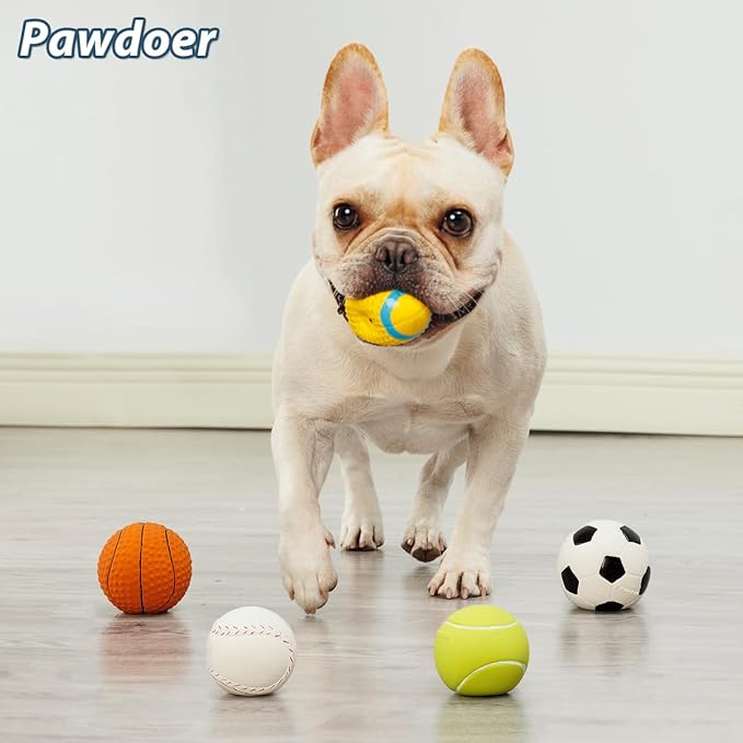 Squeaky Dog Ball, Soft Latex Rubber Squeaky Dog Toys for Small Dogs Puppies, Cute Squeak Toys Play Ball - Tennis, Soccer, Football, Basketball and Baseball