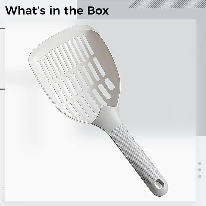 Large Cat Litter Scooper with Long Handle, 4.6 in Scoop, Sifting Design, Solid One-Piece, Grey Scooper with Hook