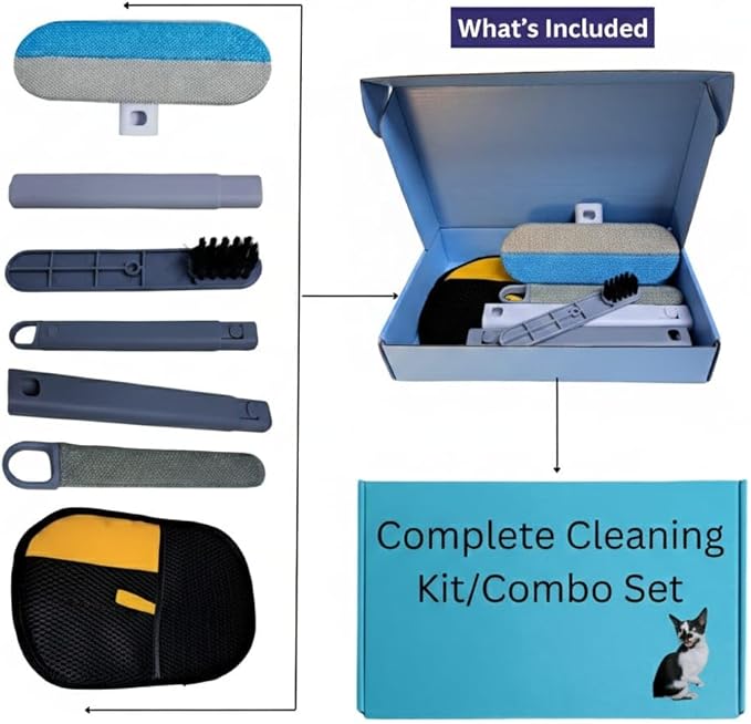 Multifunction 4 in 1 Pet Hair Remover Brush & Electrostatic Grooming Glove | Reusable Cat & Dog Fur Remover for Carpet,Furniture & Clothing | Washable Travel-Friendly Double Cleaning Set | Generic