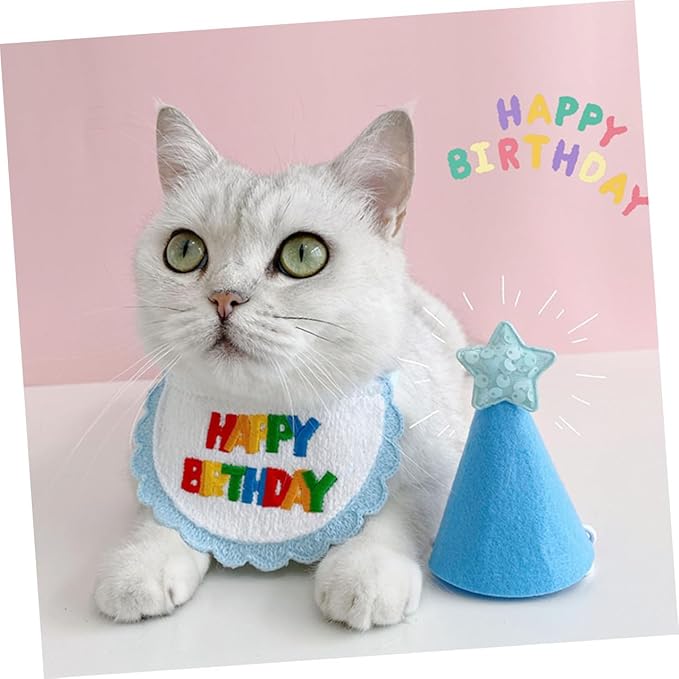 BESTYASH Dog Birthday Bandana and Wear-Resistant Embroidered Bib with Blue Star Hat Set for Pet Party Supplies, Adjustable Dog and Cat Costume Accessory