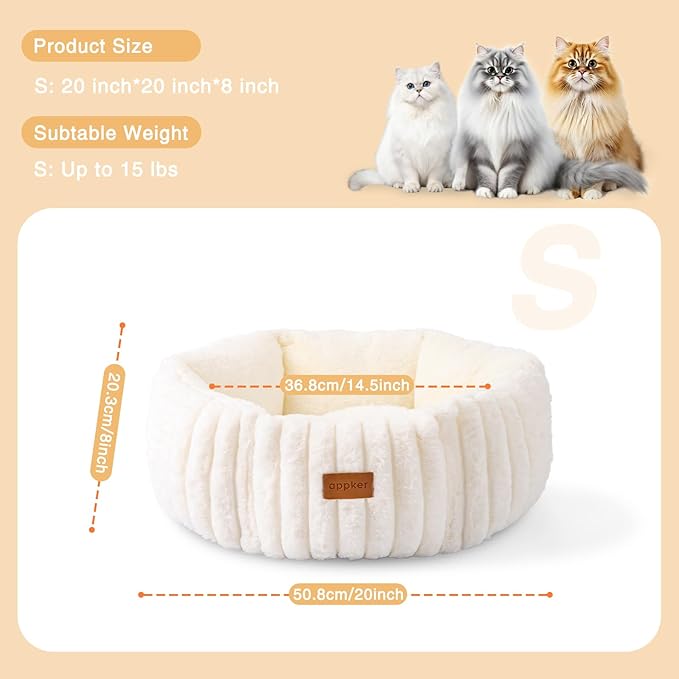 Cat Beds, Self Warming Cat Bed, Washable Pet Beds for Indoor Cats, Super Soft Faux Rabbit Fur Pet Bed for Puppy and Kitten with Anti-Slip Bottom (White, 20"x20"x8")