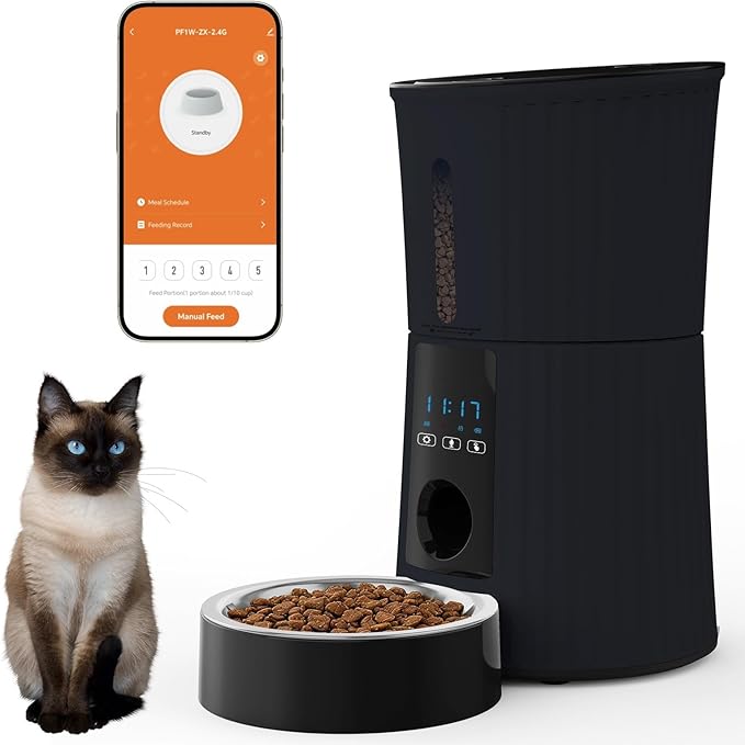 NEWBULIG Automatic Cat Feeder, 4L Timed Pet Feeders with 10s Voice Recorder, Dog Food Dispenser with APP Control, Dry Food, 10 Meals, Programmable 50 Portions, Dual Power Supply, Desiccant Bag