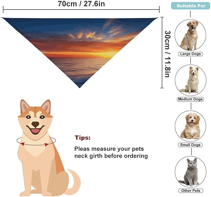 Dog Bandana Spring Pet Scarf Adjustable Triangle Sea and Sunset Printing Dog Bib Washable Polyester Puppy Bandana for Small Medium Large Dogs Cat Birthday Party Supplies