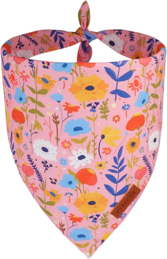 PTDECOR Spring Floral Dog Bandana, Pink Flower Pet Scarf, Premium Durable Fabric, Adjustable Cute Flower Bandanas for Medium Large Dogs Pets (Large)