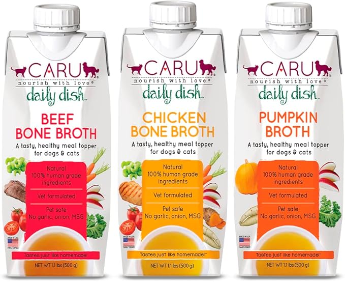 Caru - Daily Dish Pumpkin, Beef & Chicken Bone Broth - Meal Topper for Dogs & Cats - Supports Overall Pet Health - Pour-Over Broth for Wet/Dry Food - Human Grade Ingredients - 3 Pack Variety